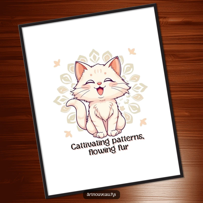 Funny Free Printable Wall Art: Delighted Cat with flowing fur, posing against a decorative pattern, stylish art nouveau design.