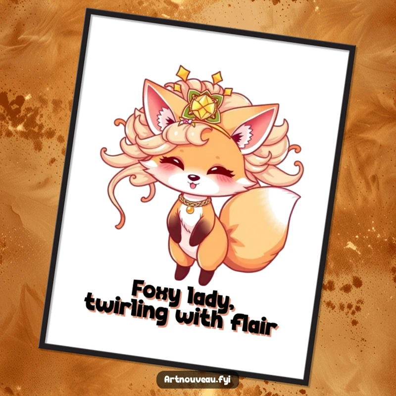 Funny Free Printable Wall Art: Elegant fox with a stylish hairpiece, captured mid-twirl, bringing joy to any room.