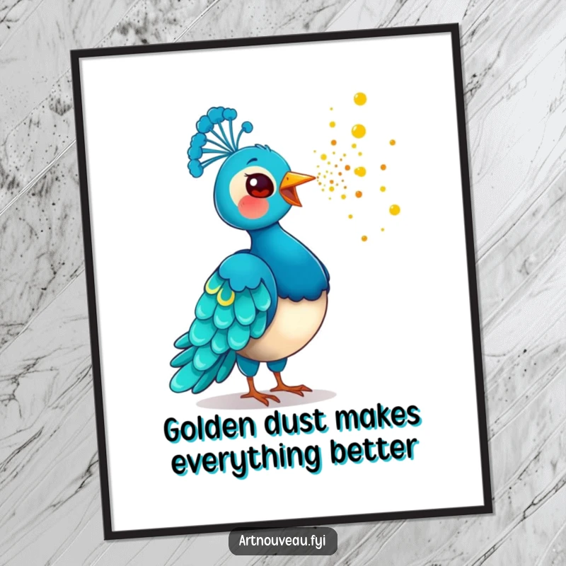 Funny Free Printable Wall Art of a playful peacock scattering a magical cascade of glittering golden dust from its beak, creating wonder.