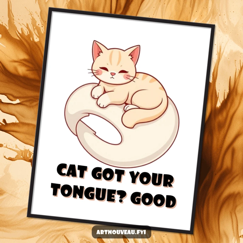 Funny free printable wall art: A graceful cat elegantly lounging on a swirling organic form, stylish downloadable art.