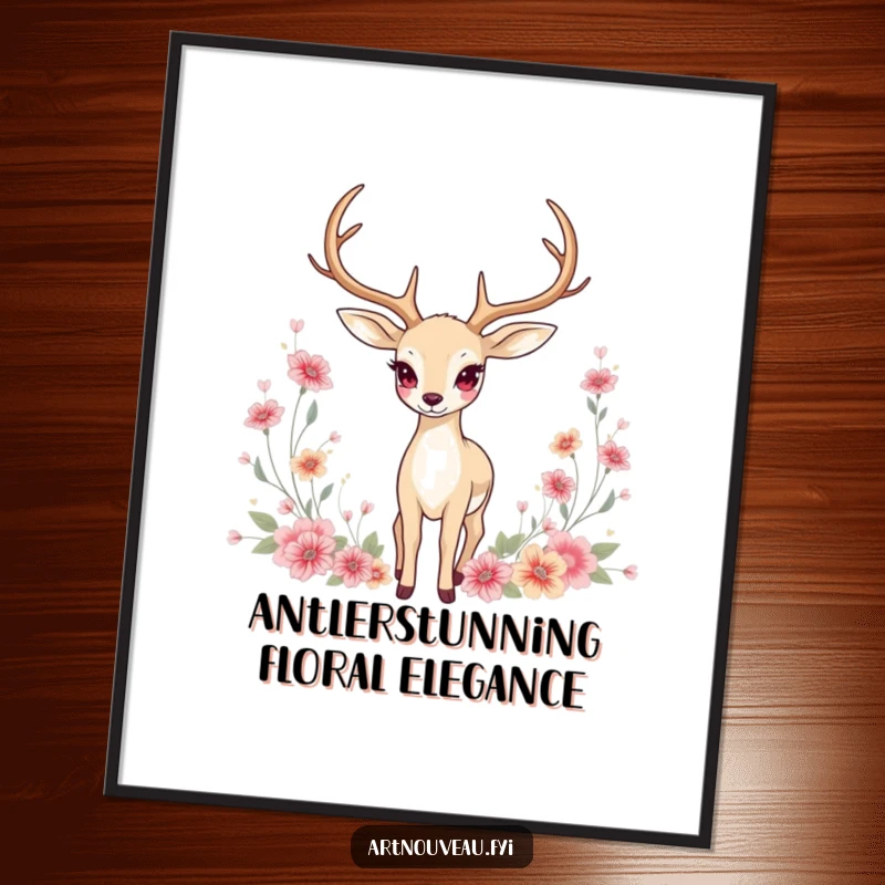 Funny Free Printable Wall Art: Graceful Deer with elongated antlers, amidst floral motifs, stunning art nouveau design.