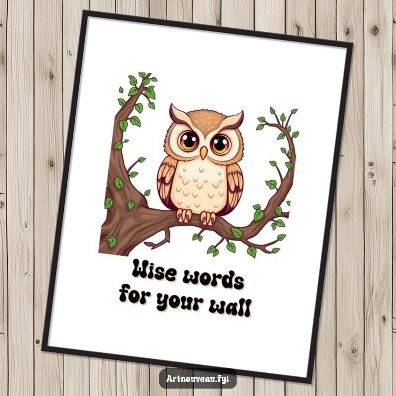 Funny Free Printable Wall Art depicting a majestic owl with large eyes perched on a branch, offering downloadable wisdom and humor.