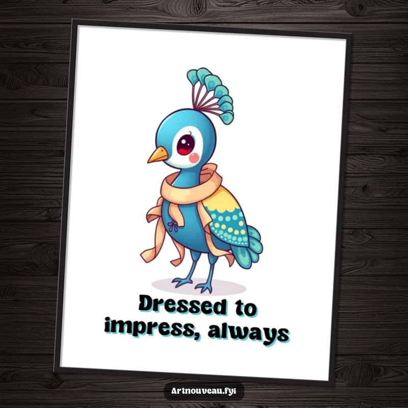 Funny Free Printable Wall Art of a regal peacock elegantly adorned with a flowing, ornate ribbon around its neck, a picture of refined beauty.