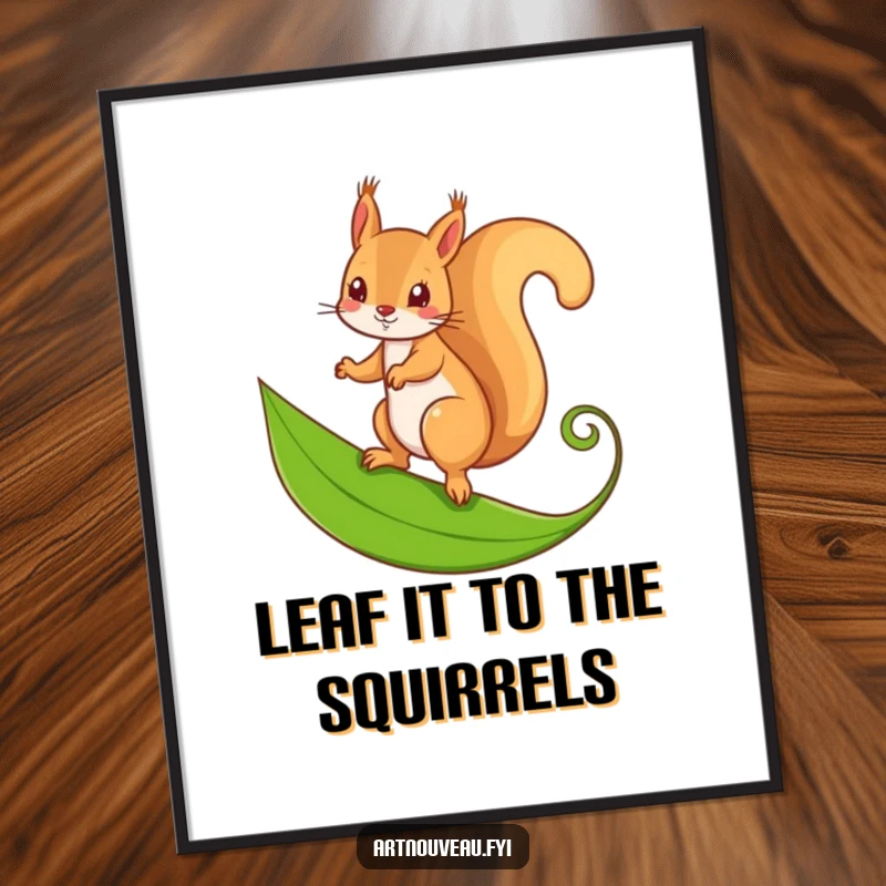 Funny free printable wall art: A mischievous squirrel balancing on a stylized, curling leaf, whimsical downloadable art.