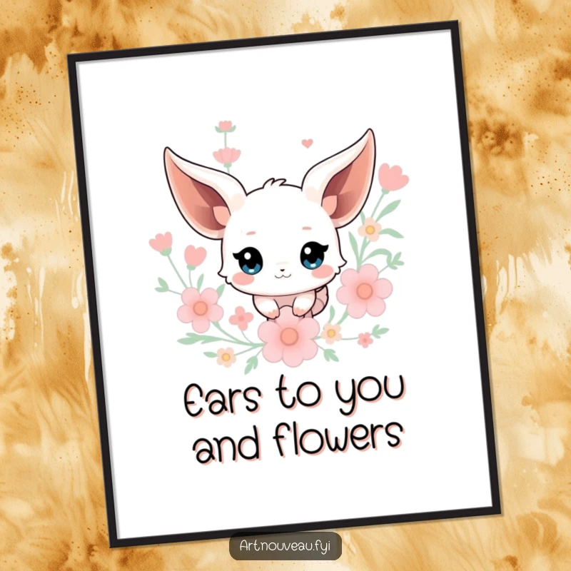Funny Free Printable Wall Art showcasing a creature with long, flowing ears floating gracefully amidst stylized floral elements in a dreamlike composition.