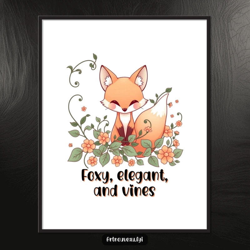 Funny Free Printable Wall Art: Whimsical Fox peeking from ornate vines, an elegant art nouveau design for home decor.