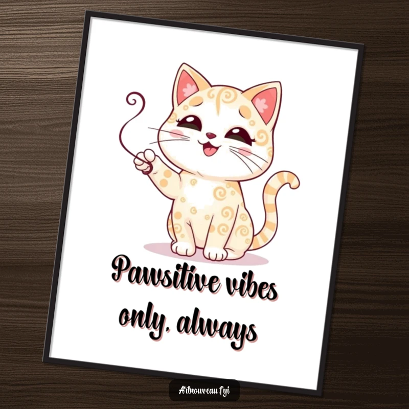 Funny Free Printable Wall Art: A cute cat with swirling decorative fur batting playfully at a small tendril, whimsical art.