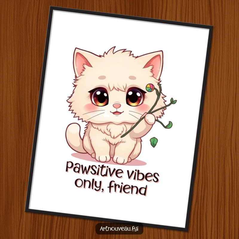 Funny Free Printable Wall Art: Fluffy cat with big eyes playfully batting a decorative swirling vine.