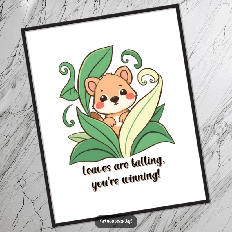 Funny Free Printable Wall Art: A playful animal's face peeking curiously from behind swirling, stylized leaves.