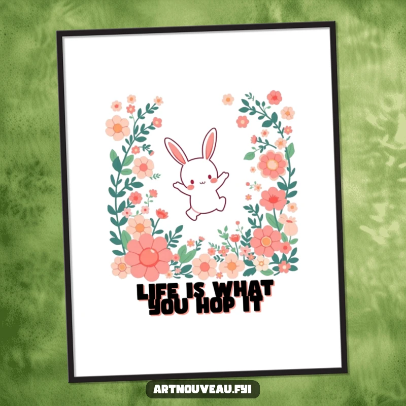 Funny Free Printable Wall Art: Small bunny joyfully leaping through a cascade of colorful floral patterns.