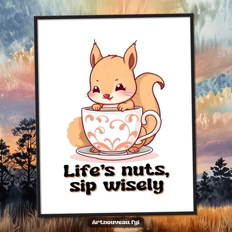 Funny Free Printable Wall Art: A happy squirrel daintily sips tea from a decorative, spiraling cup, bringing cozy vibes.