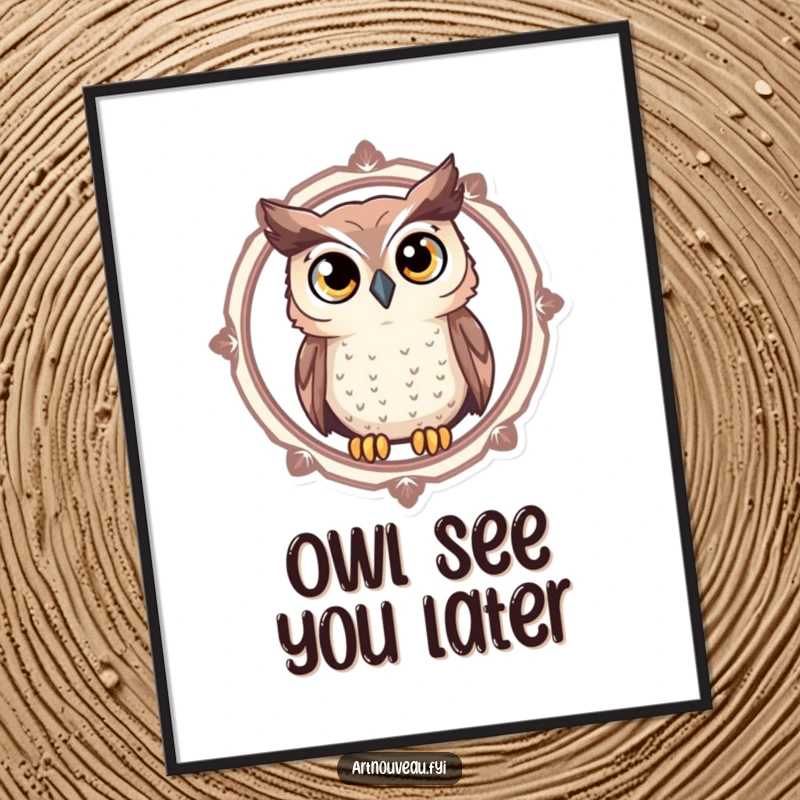 Funny Free Printable Wall Art of a curious owl with large eyes looking through a decorative circular frame, perfect for home decor.