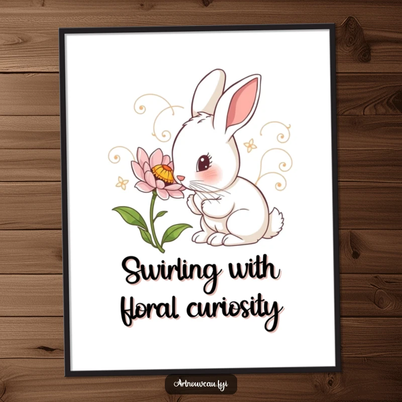 Funny Free Printable Wall Art: Curious Rabbit with art nouveau swirls, inspecting a detailed flower, whimsical art nouveau design.