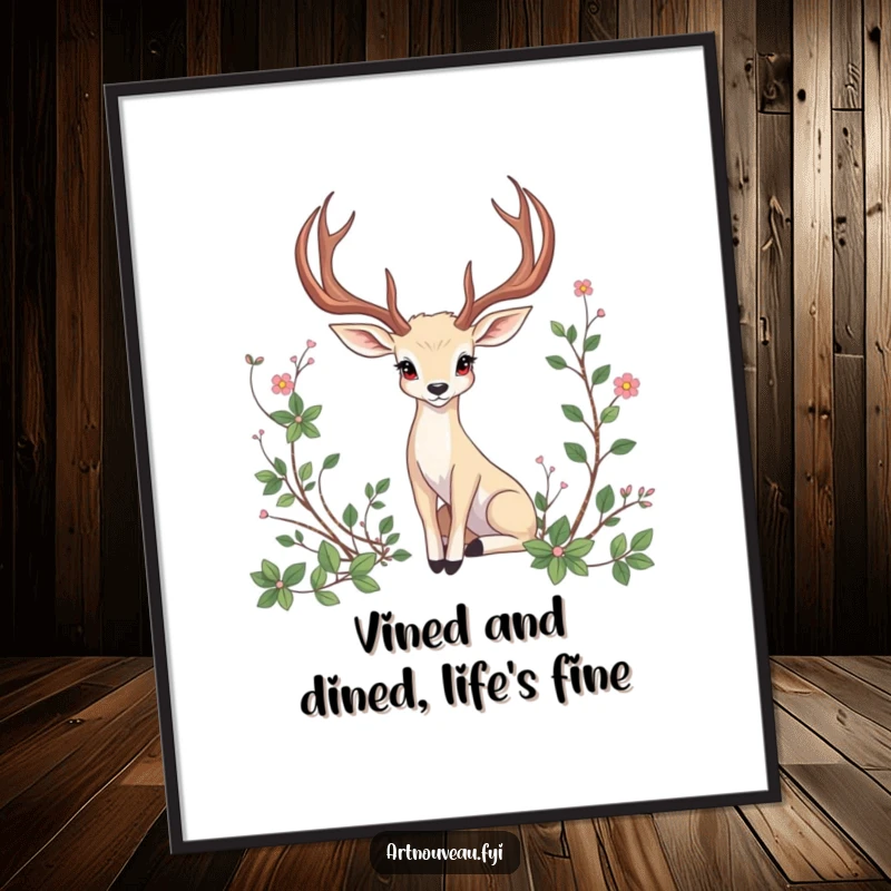 Free Printable Wall Art showcasing a graceful animal with elegant, curved antlers posing amidst beautifully rendered artistic vines.