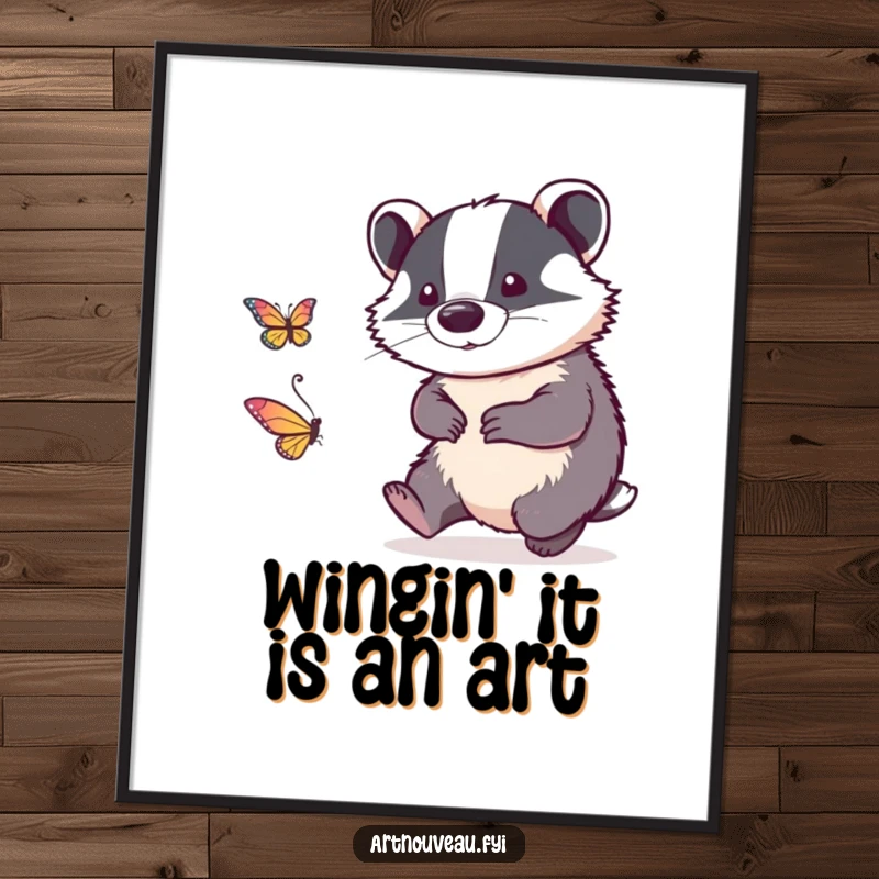 Funny Free Printable Wall Art: A badger with intricate linework playfully chases a stylized butterfly, bringing whimsical energy to your decor.