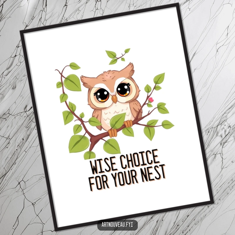 Funny Free Printable Wall Art of a cute owl with large eyes peeking from behind a flowing vine, adding quirky charm to any space.