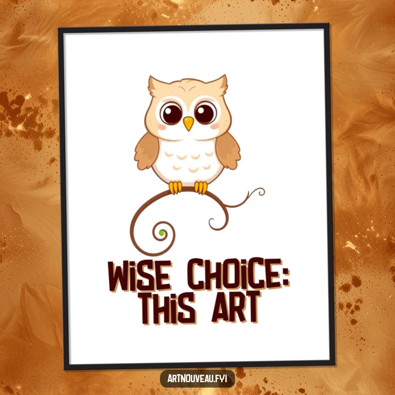 Funny Free Printable Wall Art: Happy owl perched precariously on a looping decorative tendril.