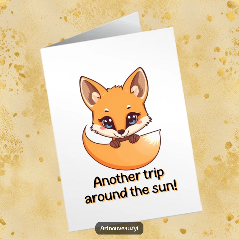 Funny Free Printable Birthday Card: Curious fox with bright eyes peeking from behind elegant organic lines.