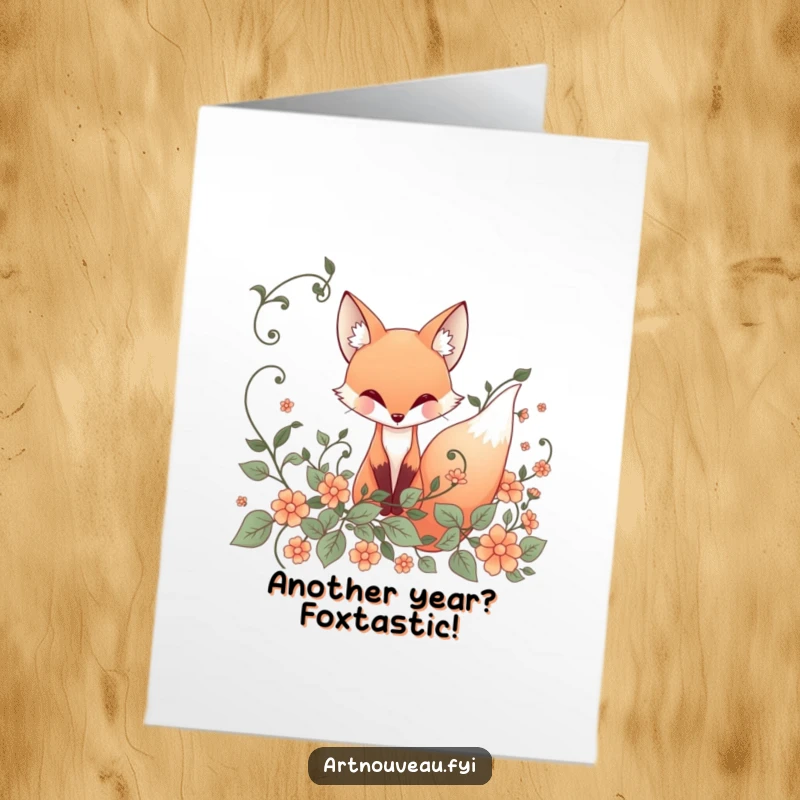 Funny Free Printable Birthday Card: Elegant Fox with flowing lines peeking from ornate vines, a delightful downloadable greeting.