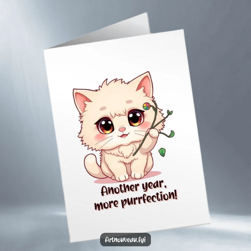 Funny Free Printable Birthday Card: Fluffy cat with happy eyes playfully batting a swirling vine flourish.