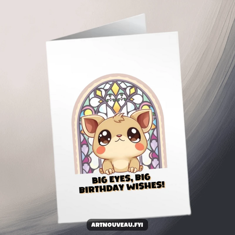 Free Printable Birthday Card: a creature with huge, expressive eyes looking wonderingly at a colorful stained-glass window.