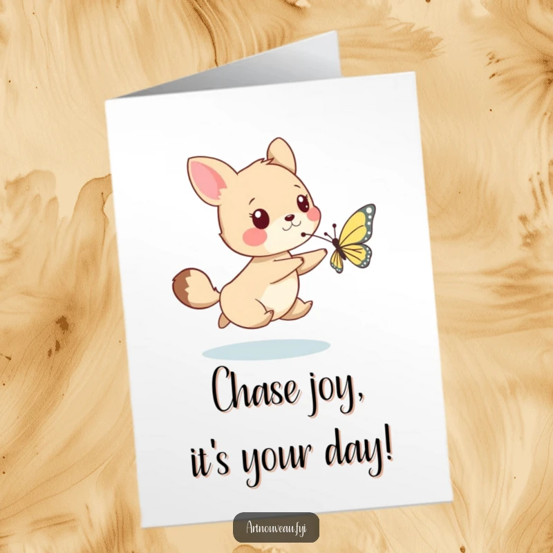 Funny Free Printable Birthday Card: A whimsical animal excitedly chasing a delicately drawn butterfly, a playful birthday card.