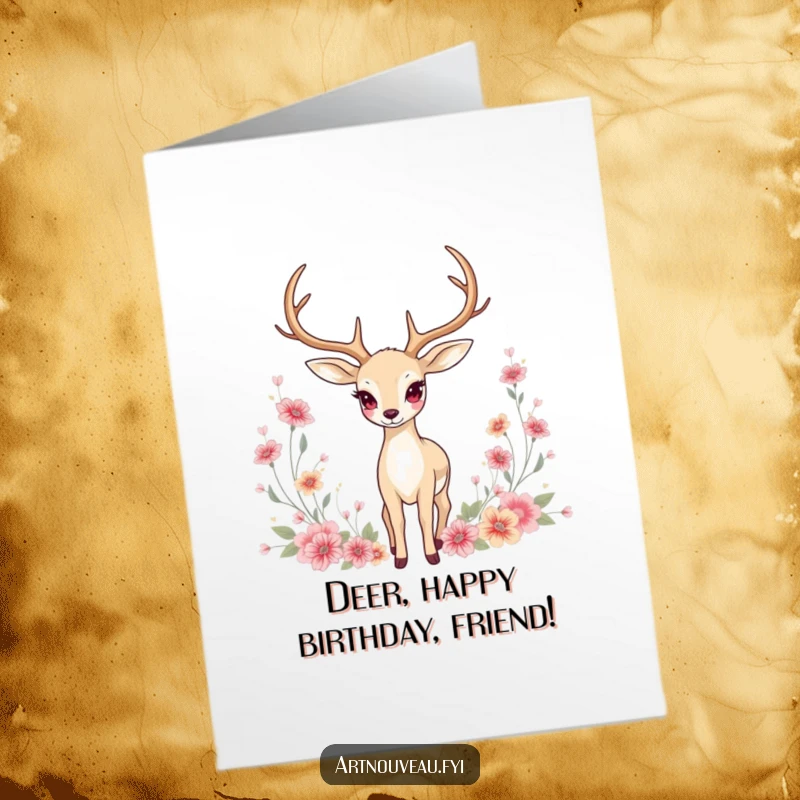 Funny Free Printable Birthday Card: Graceful Deer with elongated antlers standing amidst floral motifs, a serene downloadable greeting.