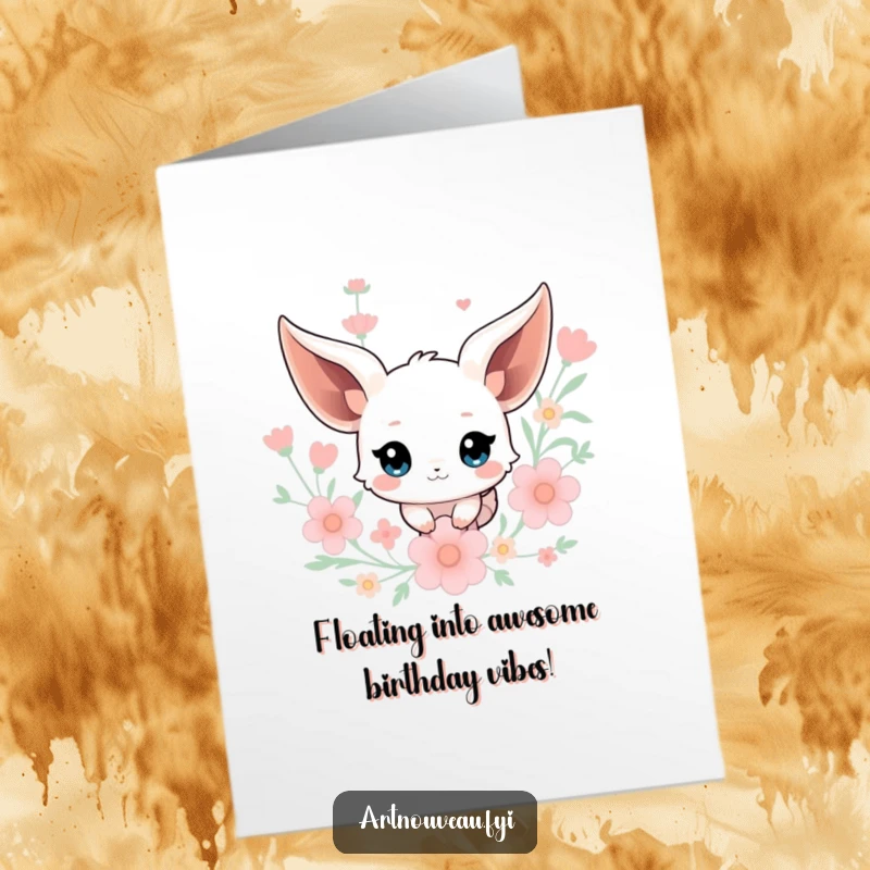 Funny Free Printable Birthday Card featuring a whimsical creature with flowing ears floating amidst stylized floral elements, sending birthday dreams.