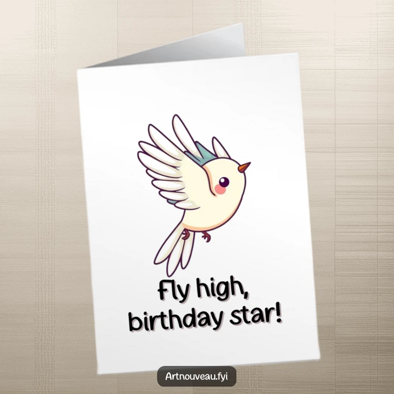 Funny Free Printable Birthday Card: Stylized Bird with Elongated Tail Feathers Flying, DIY Gift