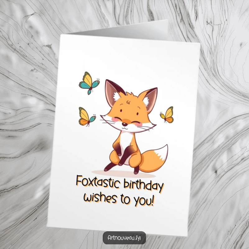 Free Printable Fox Birthday Card: Whimsical fox with elegant lines playfully chases a butterfly, perfect for a birthday.