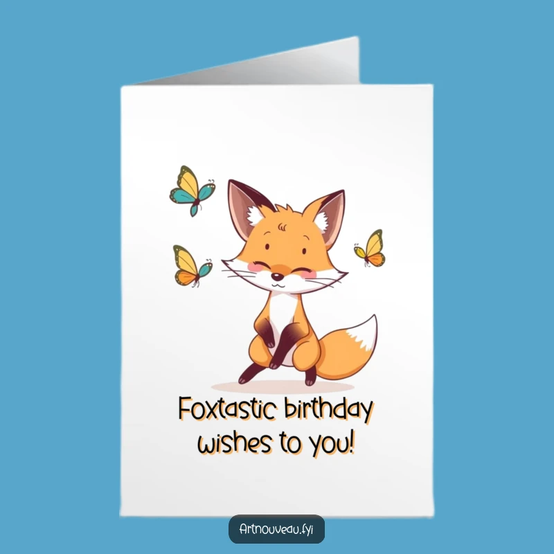Free Printable Fox Birthday Card: Playful Fox Chasing Butterfly Downloadable Greeting