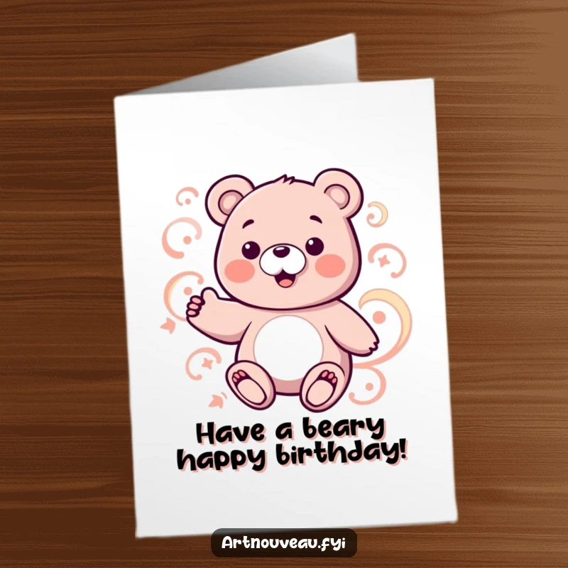 Free Printable Bear Birthday Card: Charming bear character playfully interacts with mesmerizing swirling, curvilinear patterns for a birthday.