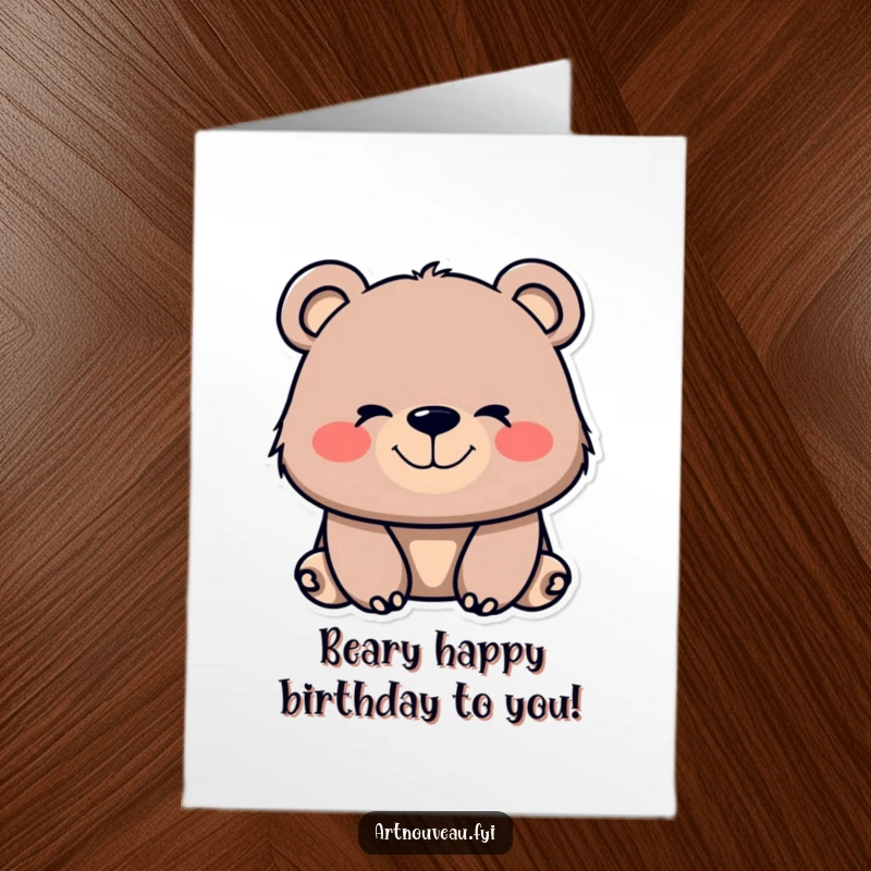Whimsical Free Printable Birthday Card: A bear with flowing, organic lines on its muzzle smiles contentedly, happy birthday art.