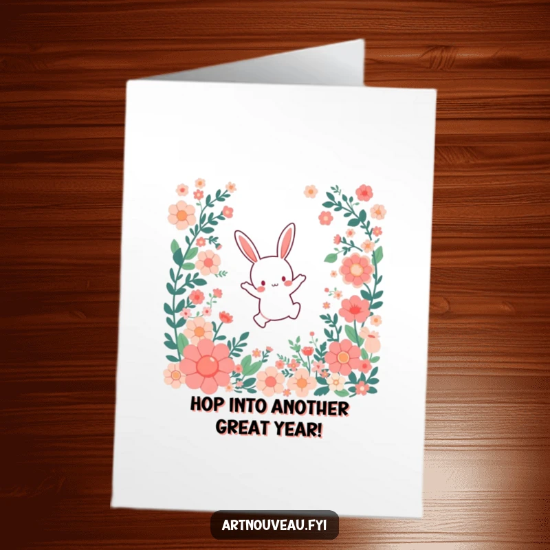 Funny Free Printable Birthday Card: Small bunny leaping joyfully through a cascade of stylized floral patterns.