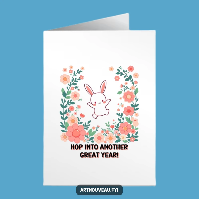 Free Printable Birthday Card: Bunny Leaping Flowers, Funny Downloadable Joyful Gift