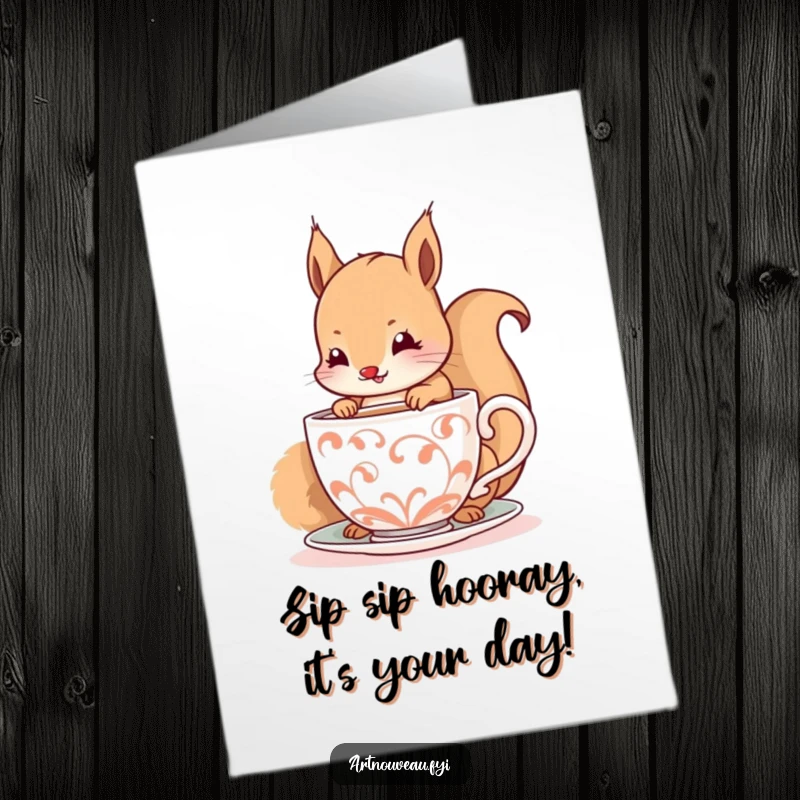Funny Free Printable Birthday Card: A happy squirrel elegantly sips from a decorative, spiraling cup, celebrating your special day.