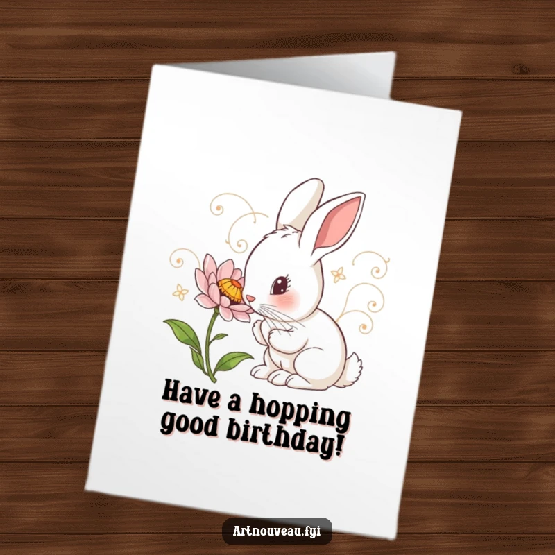 Funny Free Printable Birthday Card: Curious Rabbit with art nouveau swirls inspecting a flower, a sweet downloadable greeting.