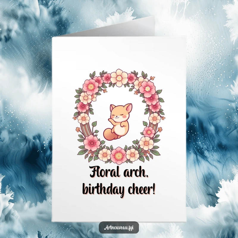 Funny Free Printable Birthday Card: Cute animal mid-air dive through an ornate floral arch, bringing birthday cheer.