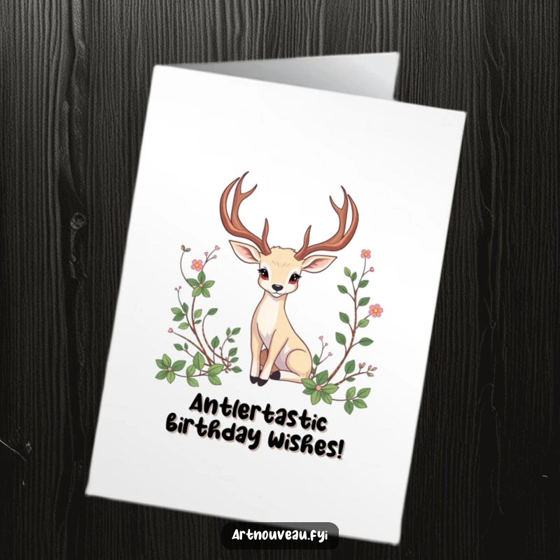 Free Printable Birthday Card: an animal with ornate, curved antlers posing elegantly amidst artistic, swirling vines.