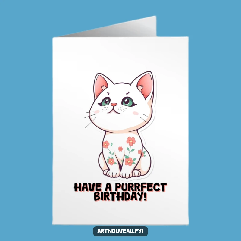Free Printable Birthday Card: Floral Cat Wishes Downloadable Gift
