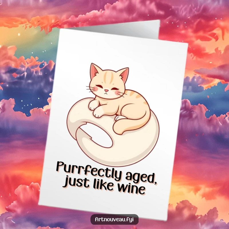 Funny free printable birthday card: Graceful cat lounging on an organic swirl, a sophisticated and humorous downloadable gift.