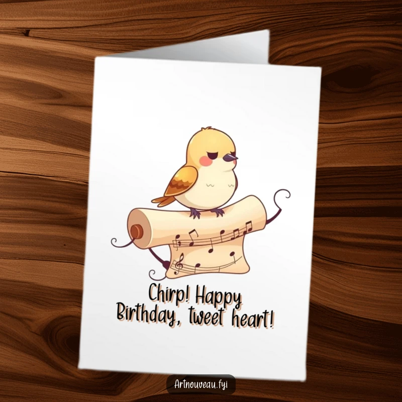 Funny Free Printable Birthday Card featuring a small bird perched on a decorative, flowing musical scroll, singing a happy birthday tune.