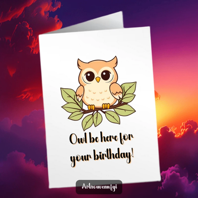 Funny Free Printable Birthday Card: Playful Owl with curved details floating on stylized leaves, a charming downloadable greeting.