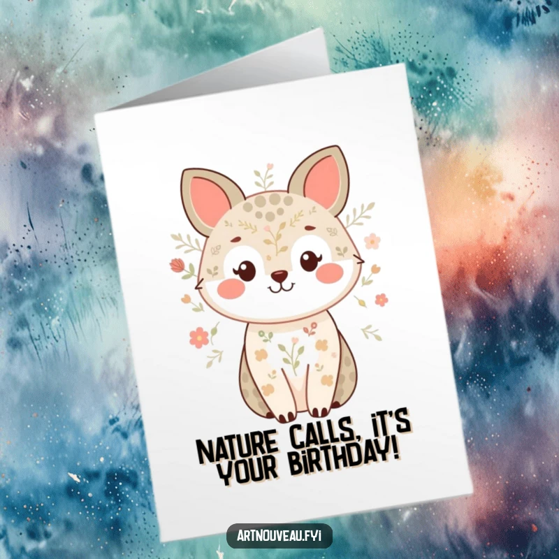 Funny Free Printable Birthday Card featuring a cute animal with nature patterns, smiling sweetly, perfect for a laugh.