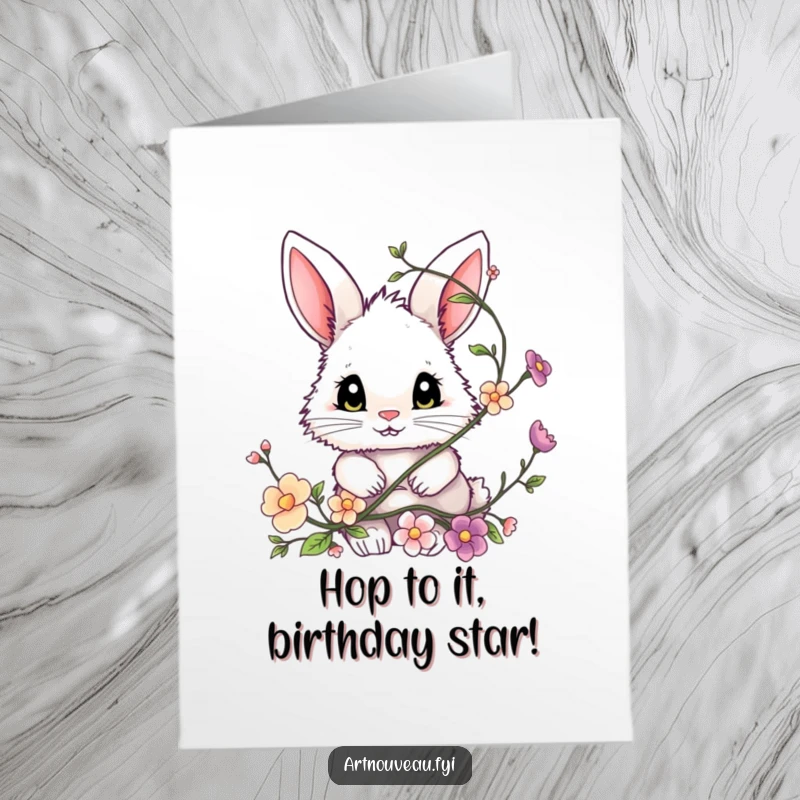 Funny Free Printable Birthday Card: Tiny fluffy bunny with big eyes peeking playfully from behind a floral vine.