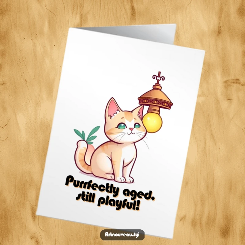 Funny Free Printable Birthday Card: Curious cat with elegant curves playfully batting at a decorative hanging lamp. Feline fun.