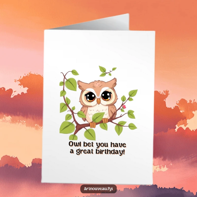 Funny Free Printable Birthday Card featuring a cute owl with big eyes peeking from behind a vine, ready to wish Happy Birthday.