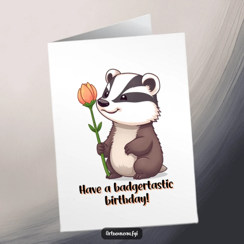 Funny Free Printable Birthday Card: Badger with a whimsical grin admiring a dramatically curved flower stem.