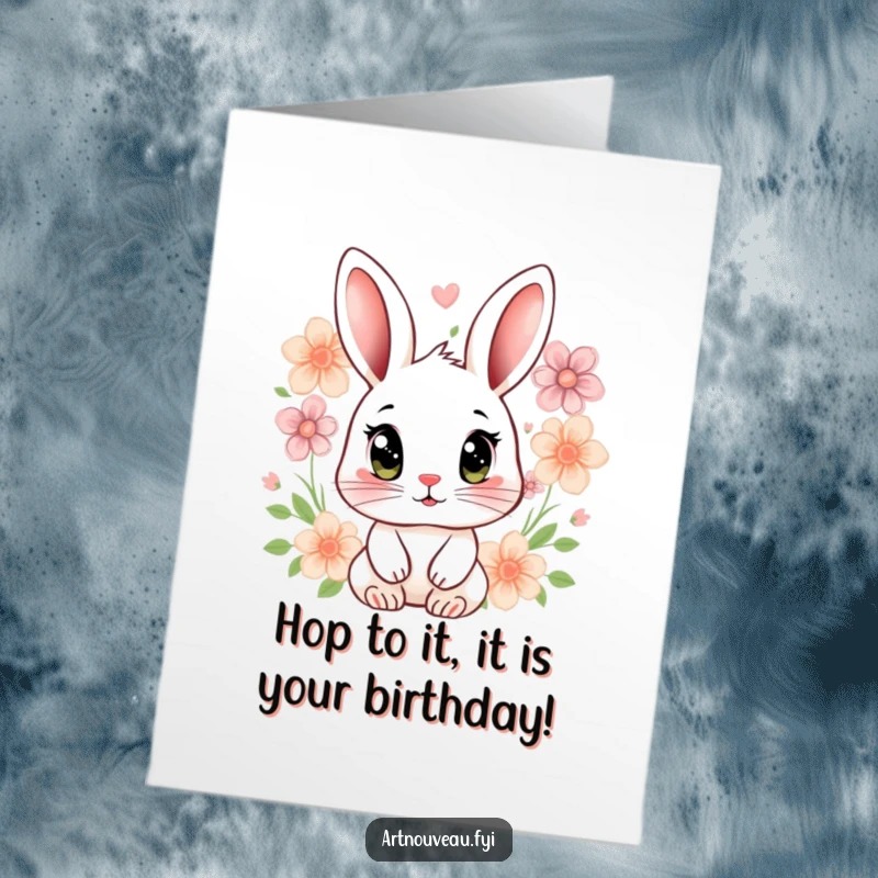 Free Printable Rabbit Birthday Card: Stylized rabbit with big expressive eyes is surrounded by lovely floral motifs for a birthday.