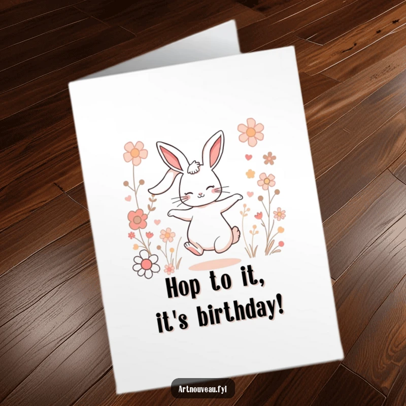 Funny Free Printable Birthday Card of a rabbit with flowing ears dancing among flowers, a downloadable gift of pure joy.